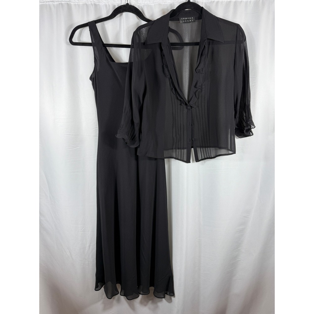 Vintage Spenser Jeremy Black 100% Silk Dress and Sheer Pleated Blouse Set Size 8